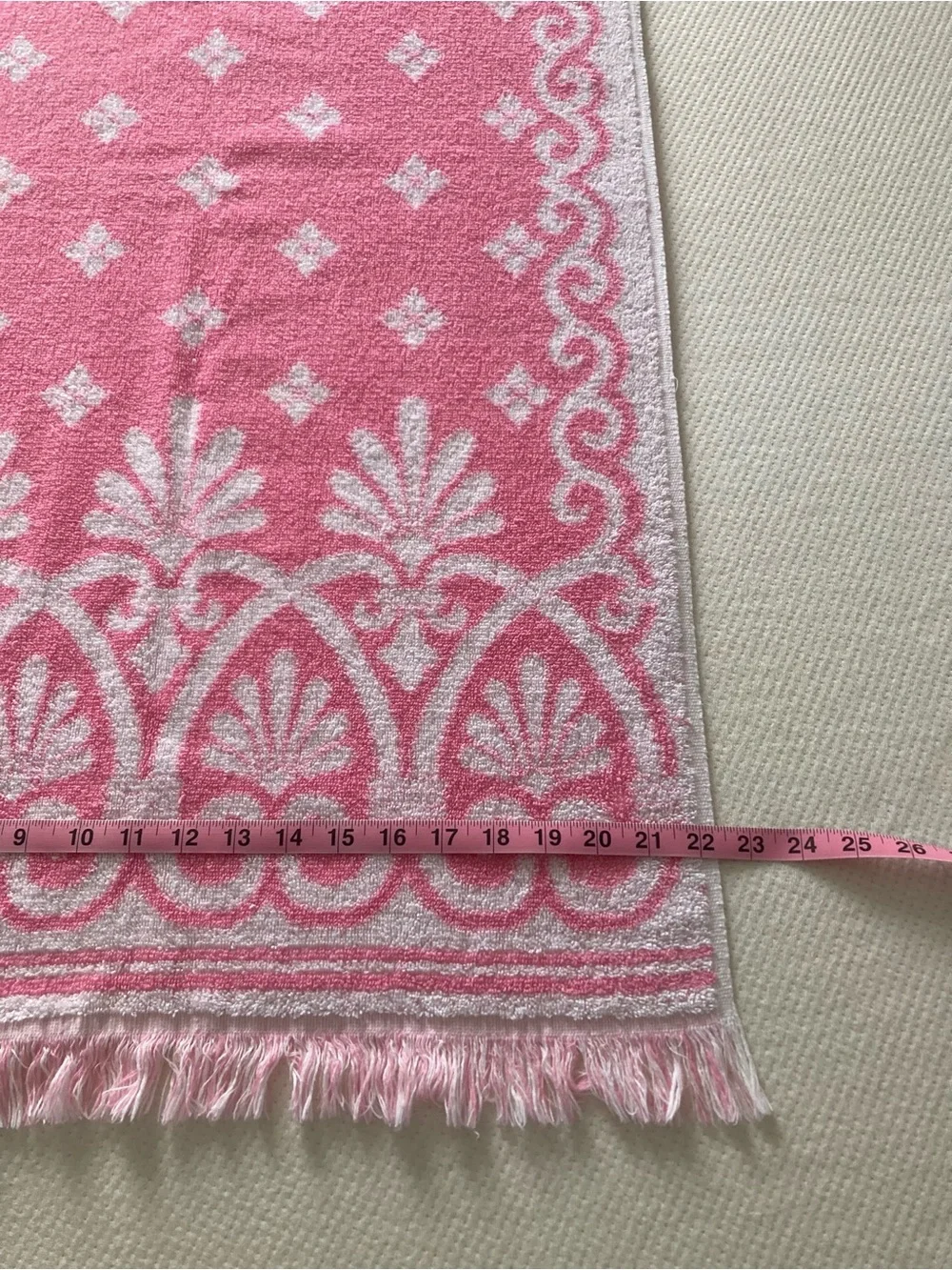 Pink and white vintage Cannon towel with fringe